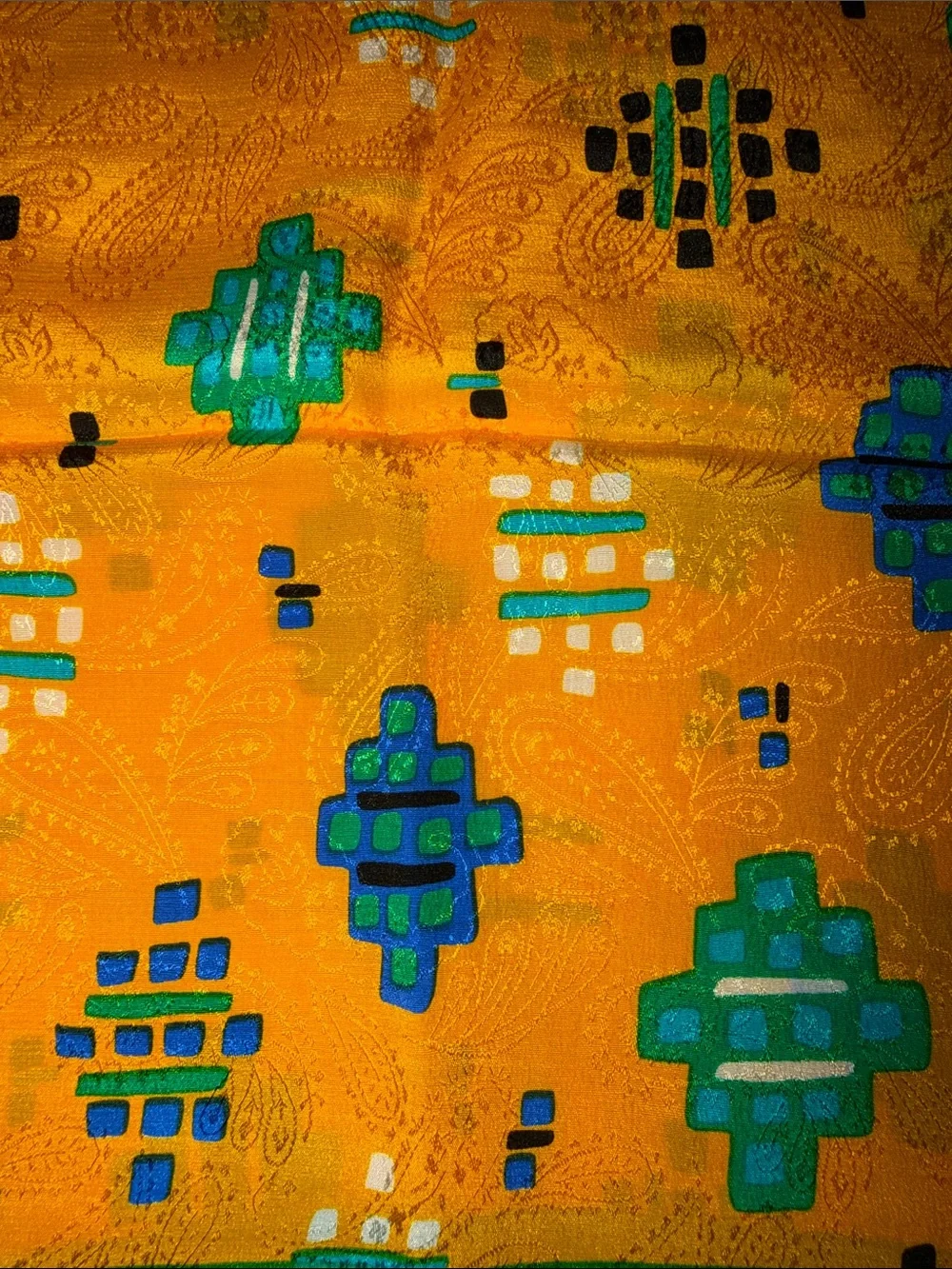 Vintage Evan-Picone Silk Blend Geometric Southwestern Scarf Mustang Yellow Teal